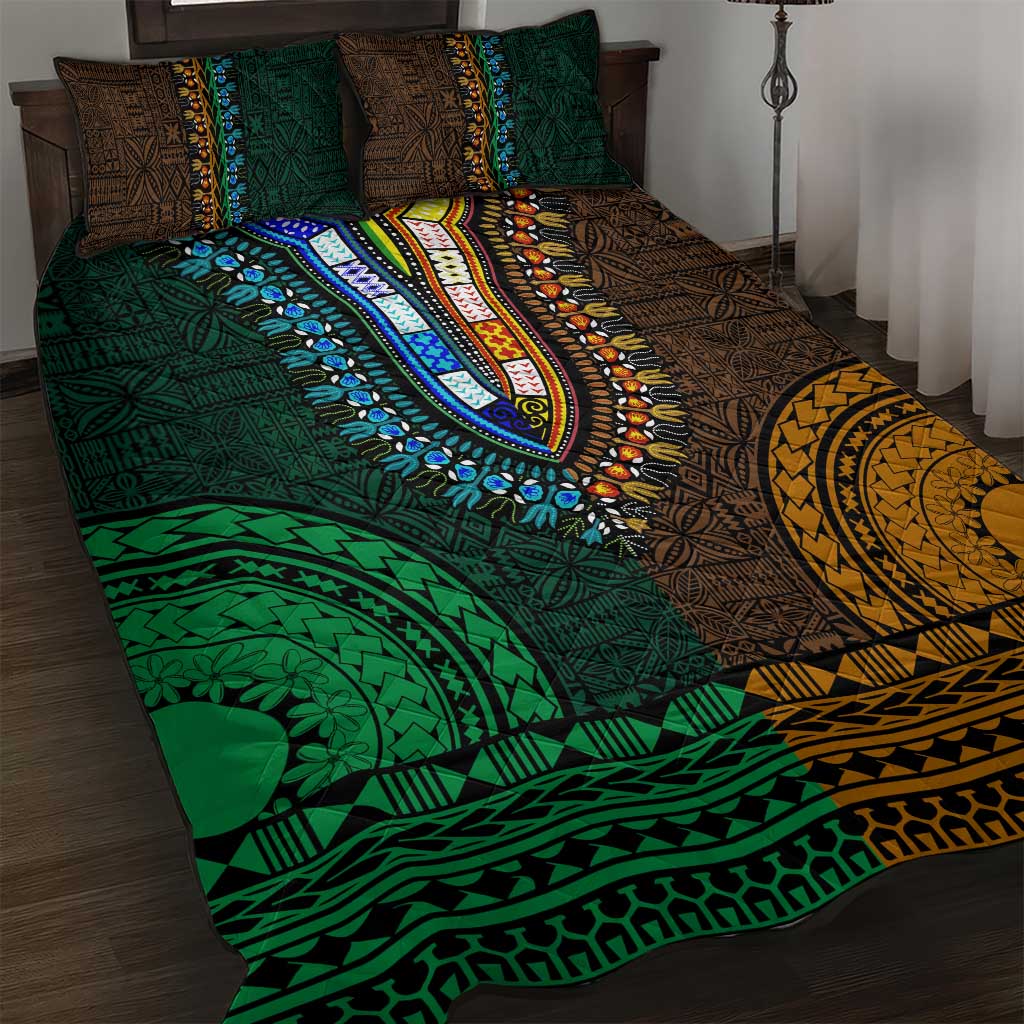 Green-gold Dashiki and Tapa Pattern Quilt Bed Set Africa-Polynesia Together Culture LT9