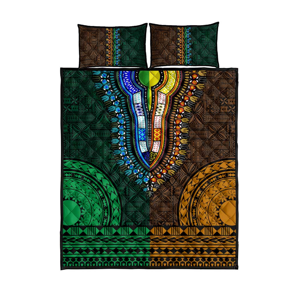 Green-gold Dashiki and Tapa Pattern Quilt Bed Set Africa-Polynesia Together Culture LT9