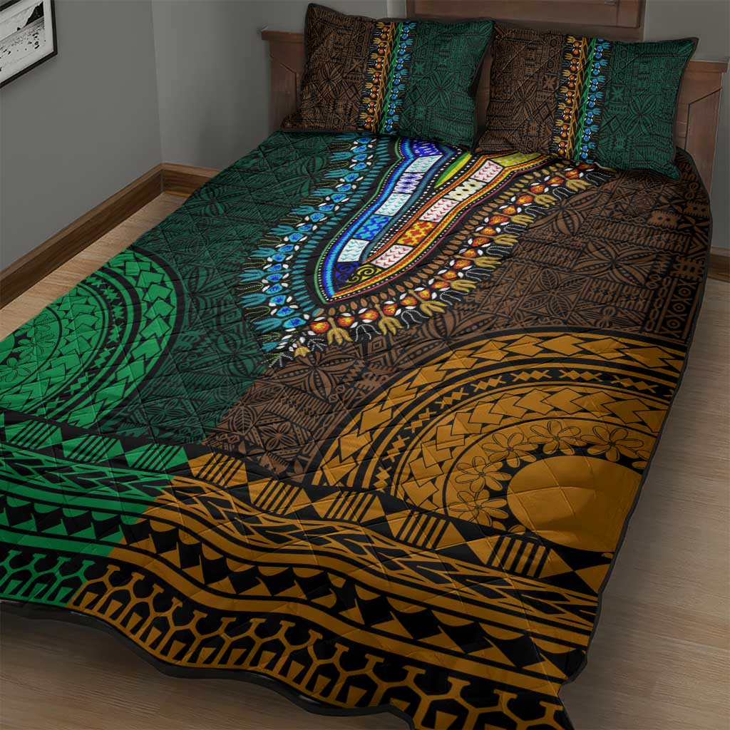 Green-gold Dashiki and Tapa Pattern Quilt Bed Set Africa-Polynesia Together Culture LT9