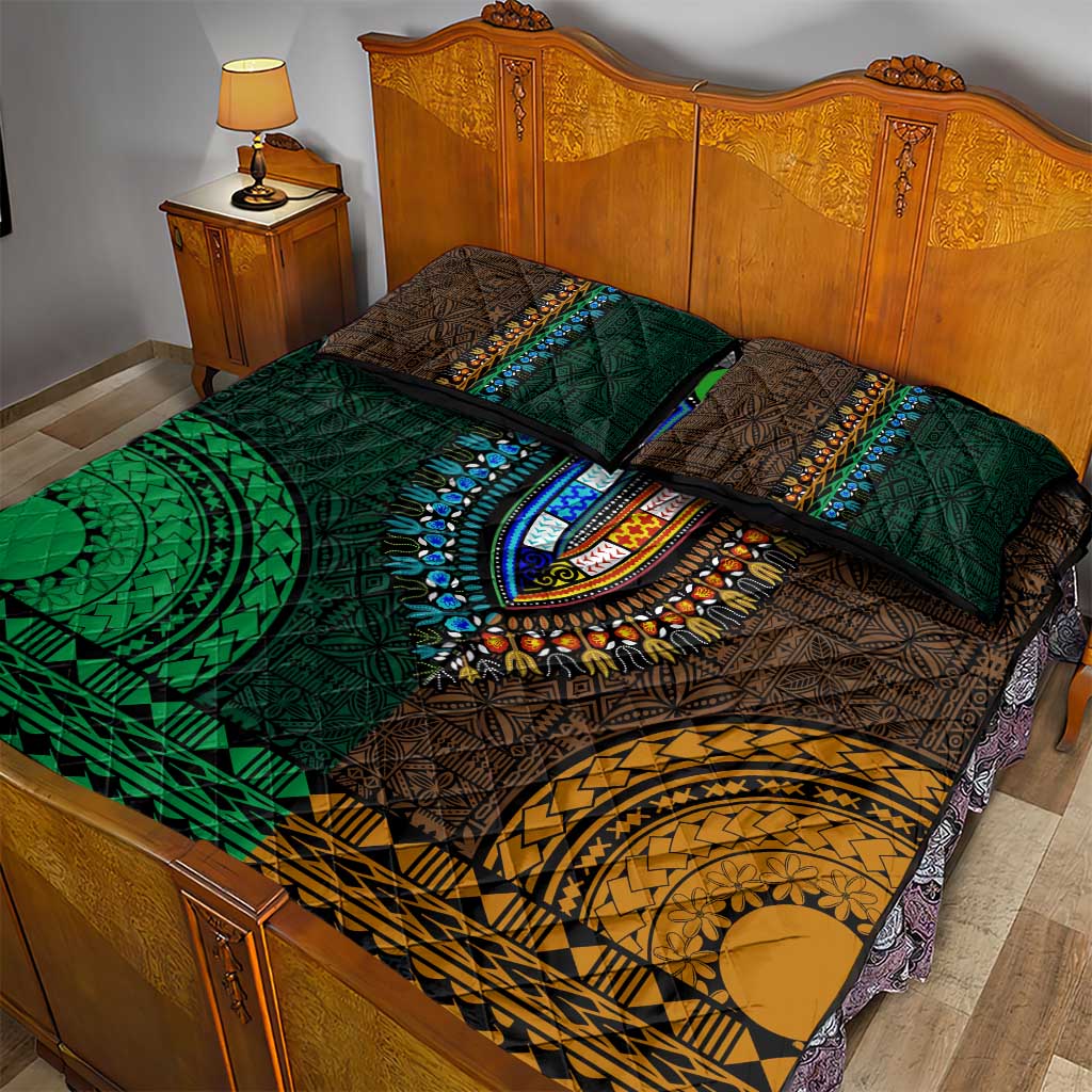 Green-gold Dashiki and Tapa Pattern Quilt Bed Set Africa-Polynesia Together Culture LT9
