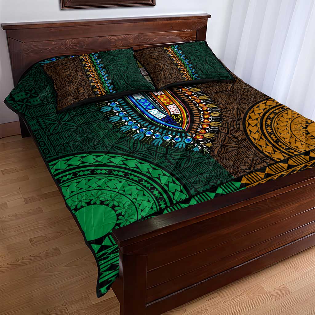 Green-gold Dashiki and Tapa Pattern Quilt Bed Set Africa-Polynesia Together Culture LT9
