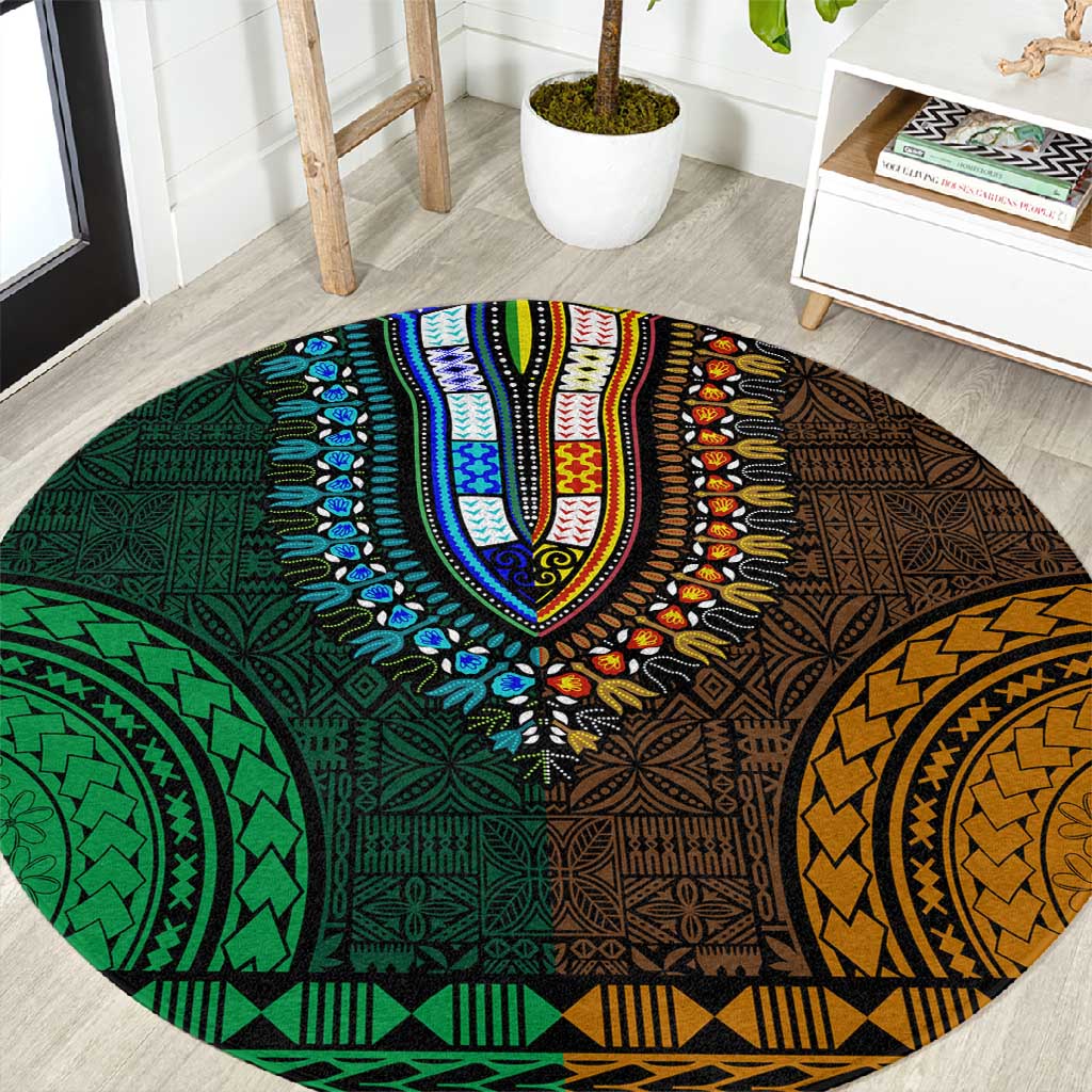 Green-gold Dashiki and Tapa Pattern Round Carpet Africa-Polynesia Together Culture LT9