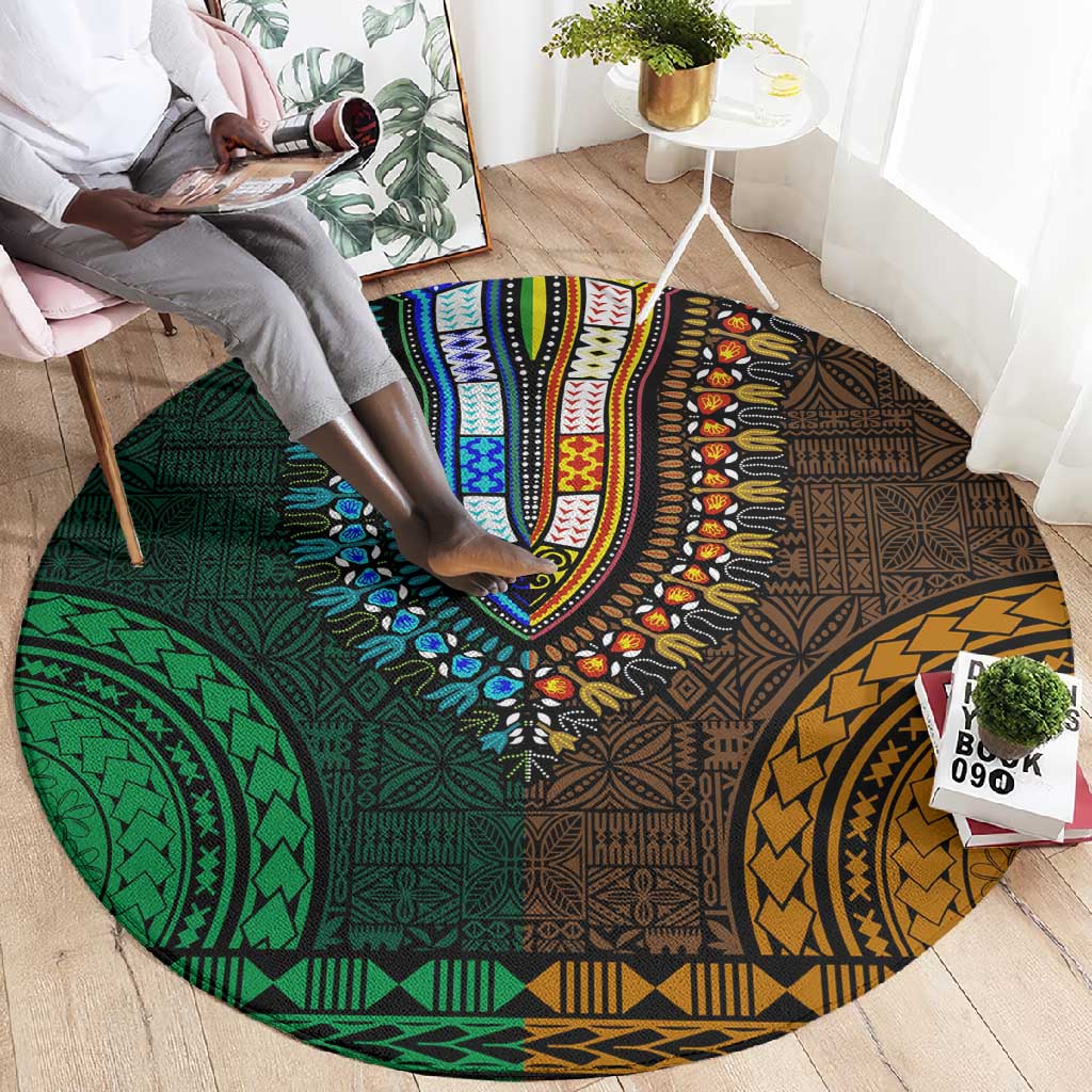 Green-gold Dashiki and Tapa Pattern Round Carpet Africa-Polynesia Together Culture LT9