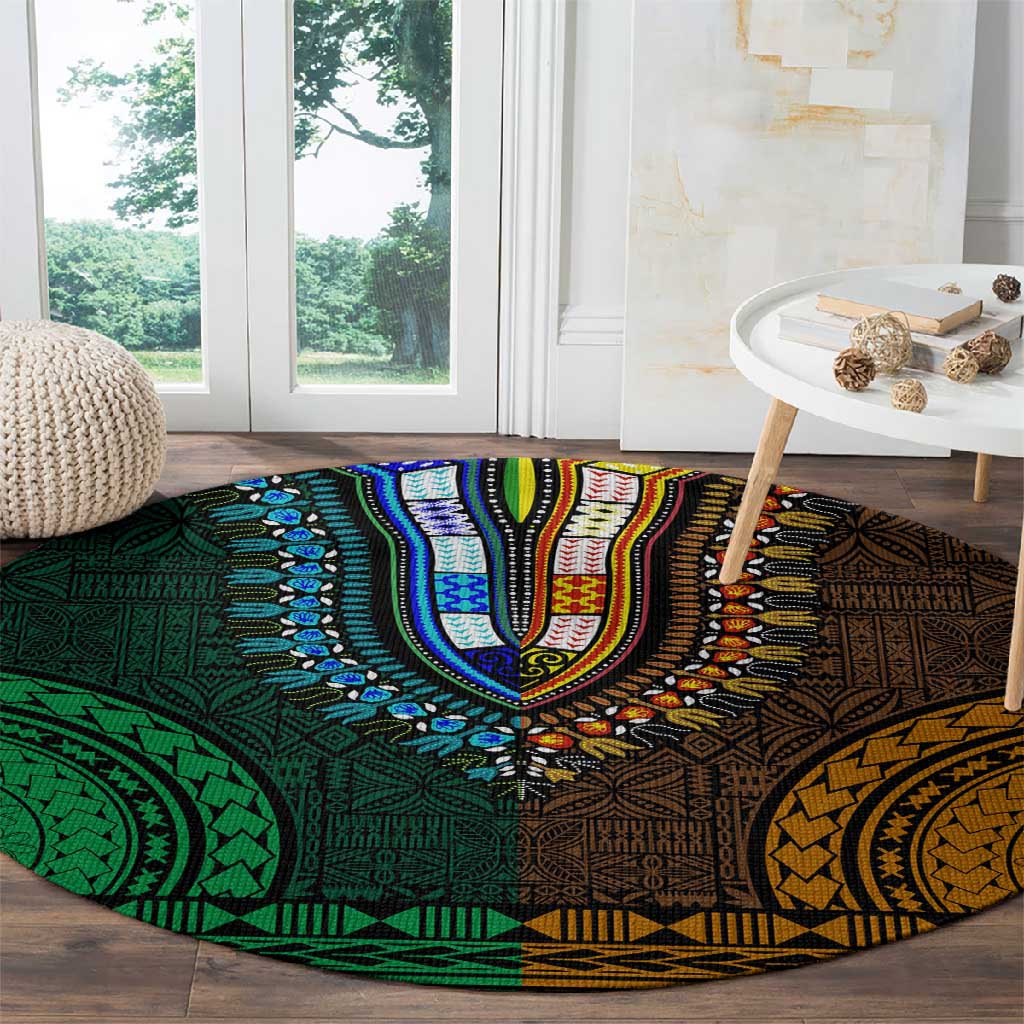 Green-gold Dashiki and Tapa Pattern Round Carpet Africa-Polynesia Together Culture LT9