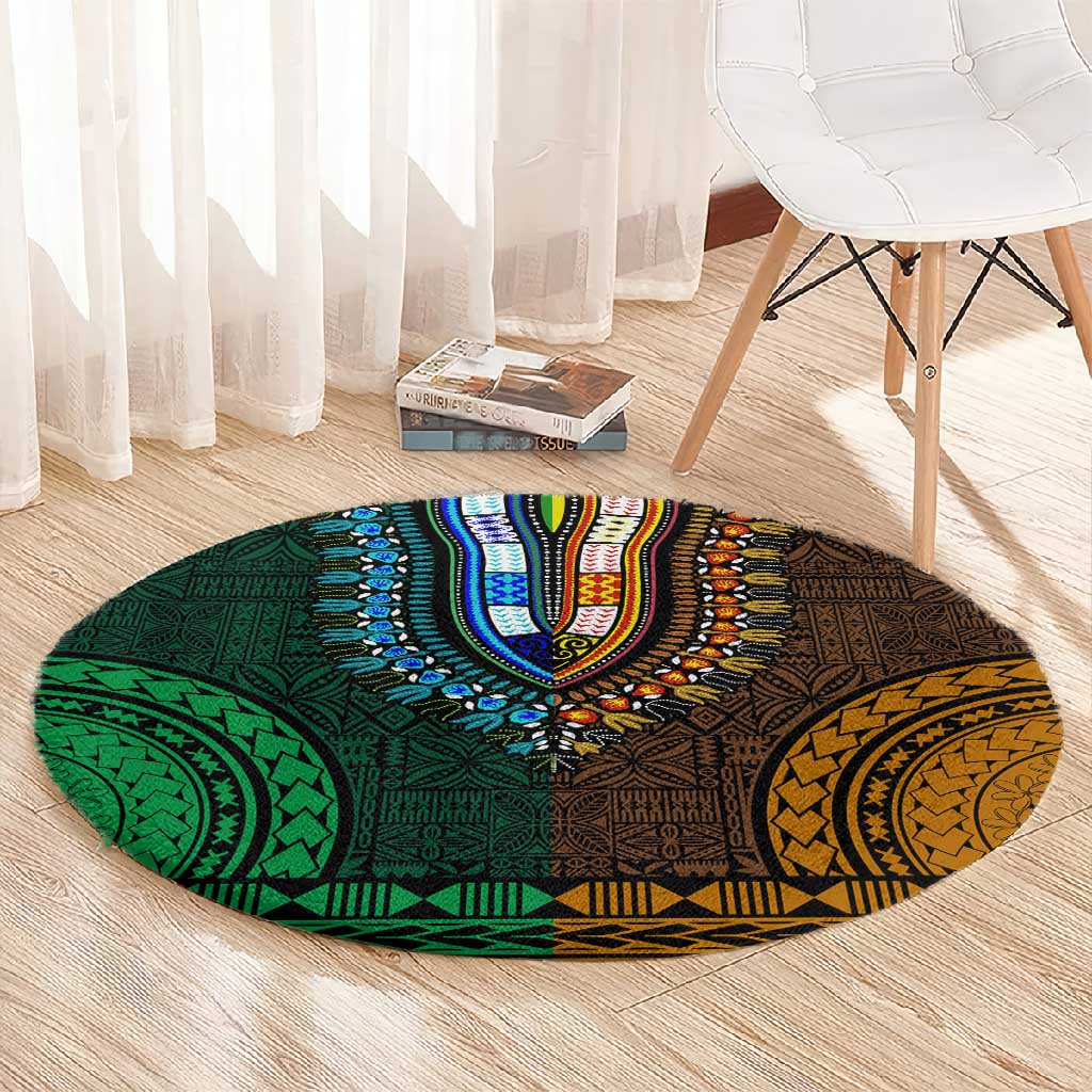 Green-gold Dashiki and Tapa Pattern Round Carpet Africa-Polynesia Together Culture LT9
