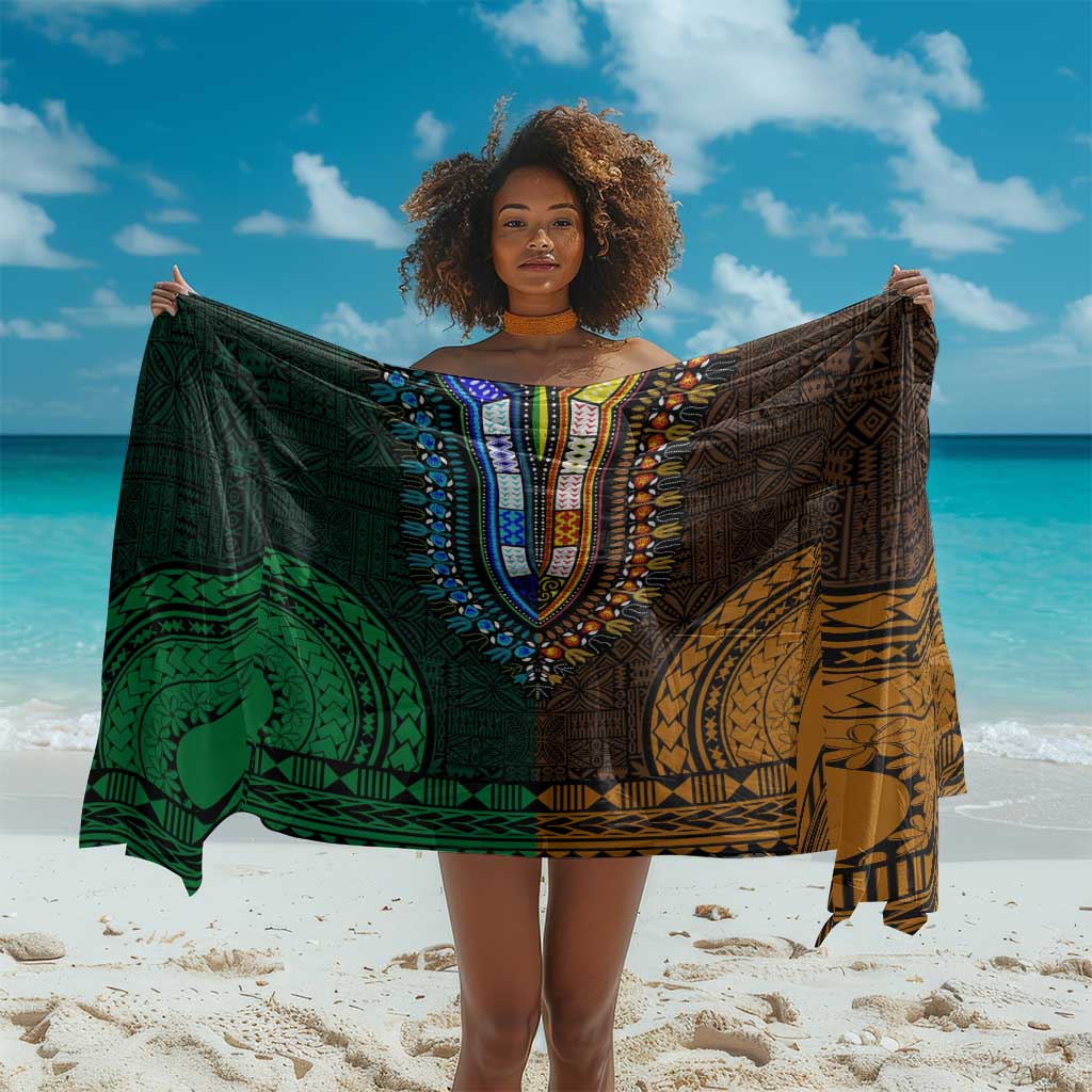 Green-gold Dashiki and Tapa Pattern Sarong Africa-Polynesia Together Culture LT9
