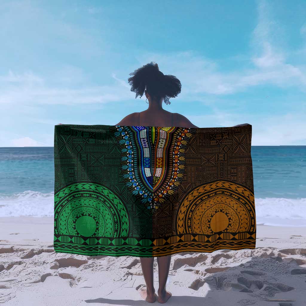 Green-gold Dashiki and Tapa Pattern Sarong Africa-Polynesia Together Culture LT9
