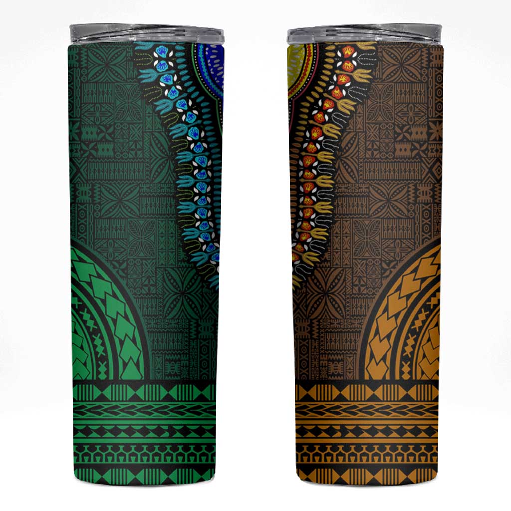 Green-gold Dashiki and Tapa Pattern Skinny Tumbler Africa-Polynesia Together Culture LT9