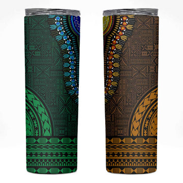 Green-gold Dashiki and Tapa Pattern Skinny Tumbler Africa-Polynesia Together Culture LT9