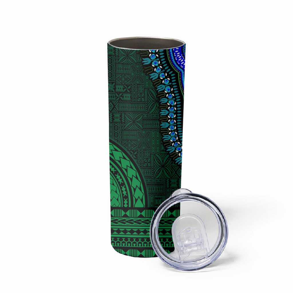 Green-gold Dashiki and Tapa Pattern Skinny Tumbler Africa-Polynesia Together Culture LT9