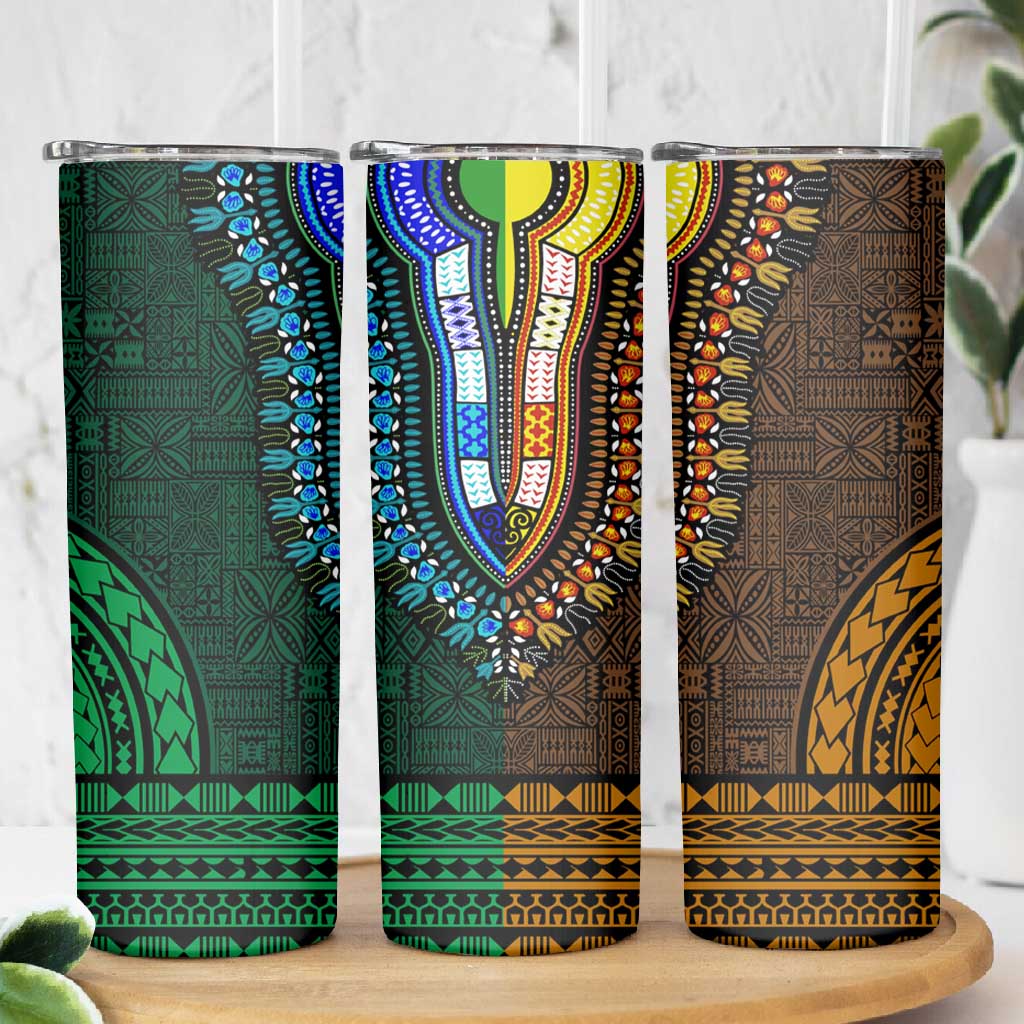 Green-gold Dashiki and Tapa Pattern Skinny Tumbler Africa-Polynesia Together Culture LT9