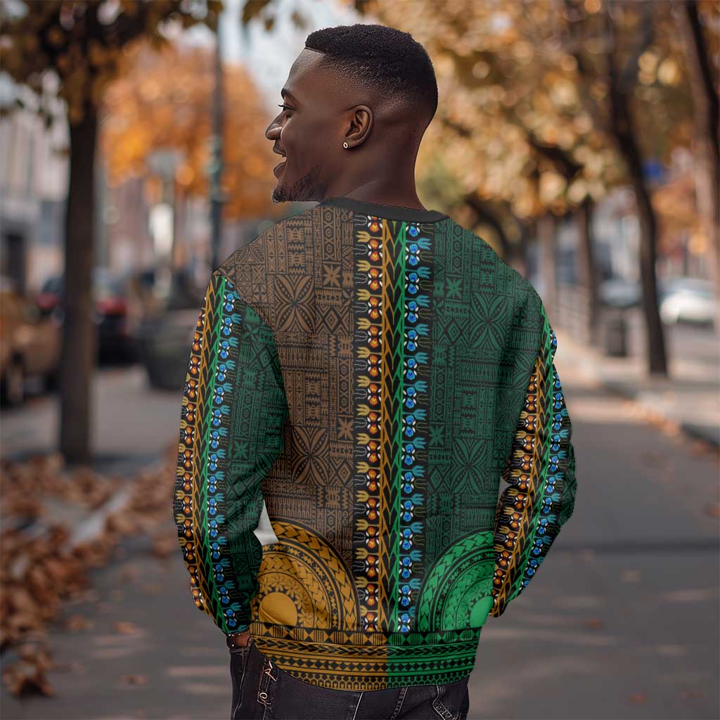 Green-gold Dashiki and Tapa Pattern Sweatshirt Africa-Polynesia Together Culture LT9