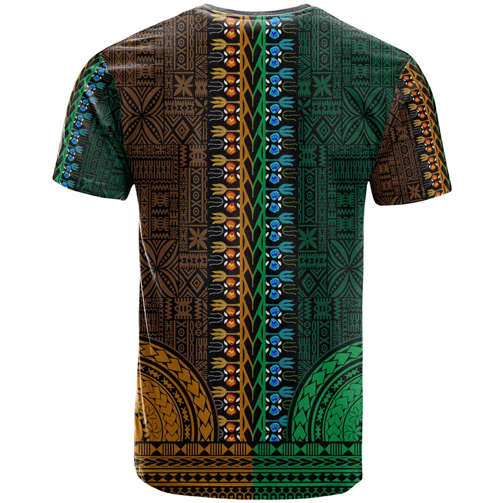 Green-gold Dashiki and Tapa Pattern T shirt Africa-Polynesia Together Culture LT9