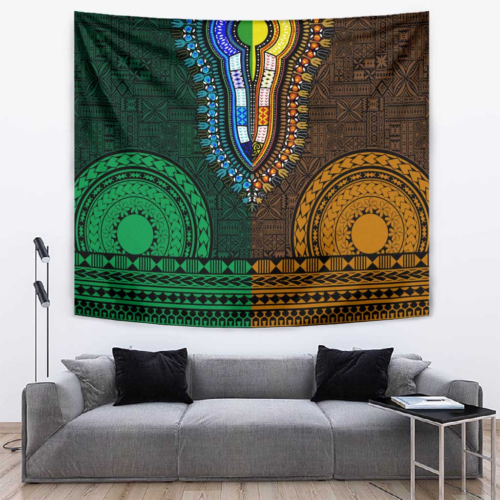 Green-gold Dashiki and Tapa Pattern Tapestry Africa-Polynesia Together Culture LT9