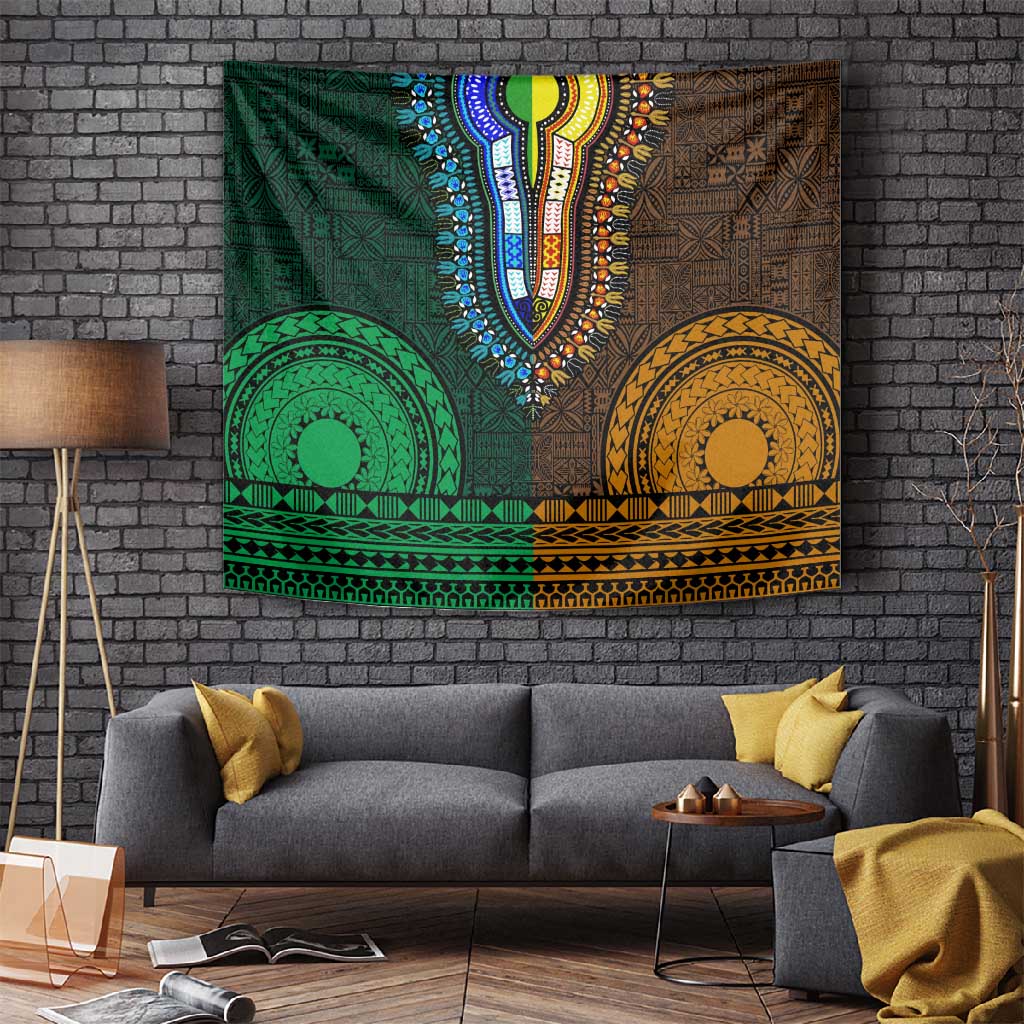 Green-gold Dashiki and Tapa Pattern Tapestry Africa-Polynesia Together Culture LT9