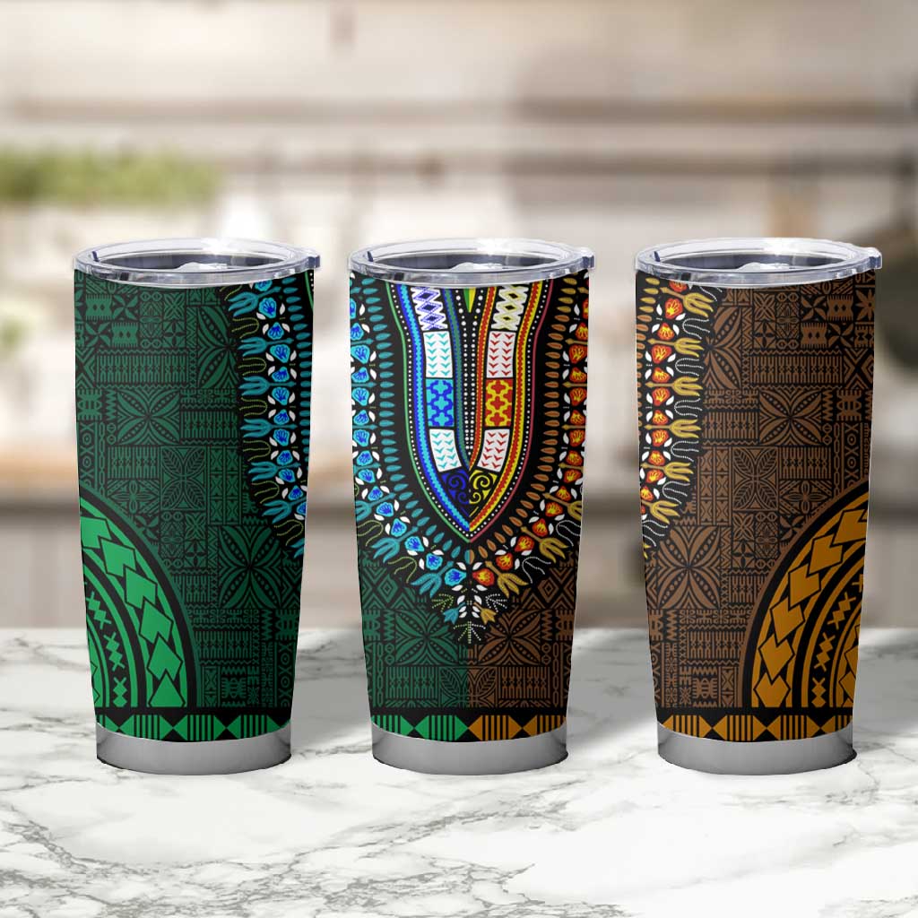 Green-gold Dashiki and Tapa Pattern Tumbler Cup Africa-Polynesia Together Culture LT9