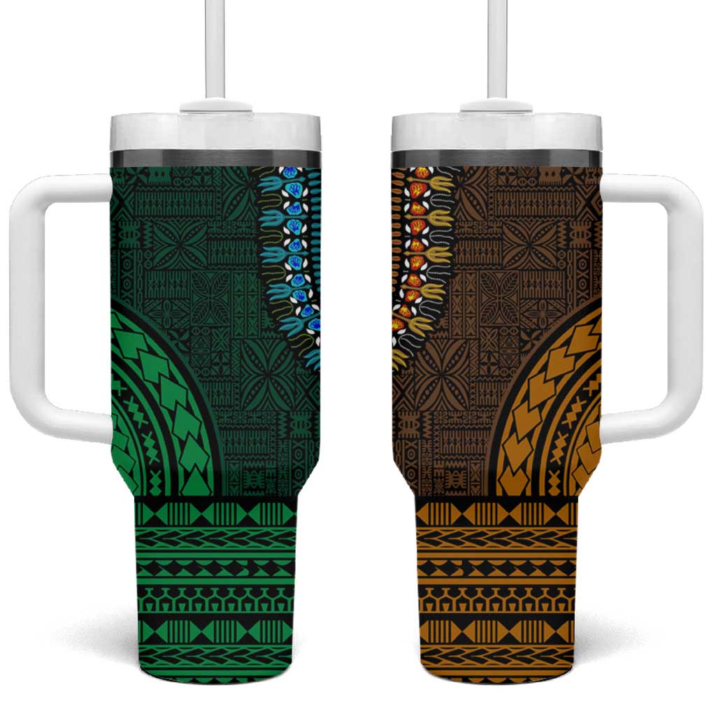 Green-gold Dashiki and Tapa Pattern Tumbler With Handle Africa-Polynesia Together Culture LT9