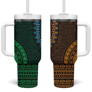 Green-gold Dashiki and Tapa Pattern Tumbler With Handle Africa-Polynesia Together Culture LT9