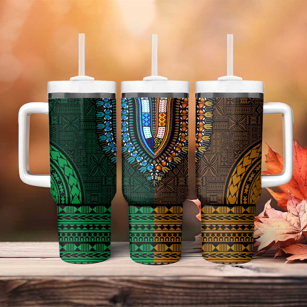 Green-gold Dashiki and Tapa Pattern Tumbler With Handle Africa-Polynesia Together Culture LT9