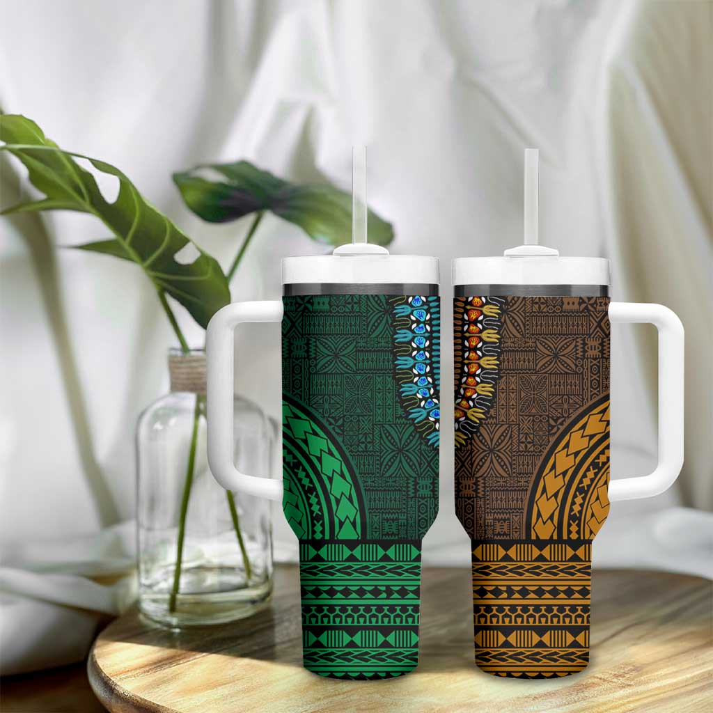 Green-gold Dashiki and Tapa Pattern Tumbler With Handle Africa-Polynesia Together Culture LT9