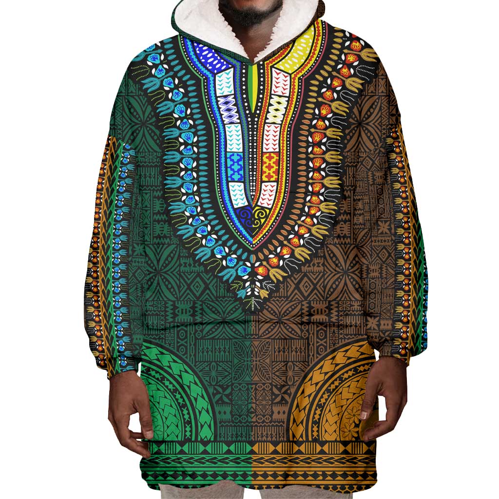 Green-gold Dashiki and Tapa Pattern Wearable Blanket Hoodie Africa-Polynesia Together Culture LT9