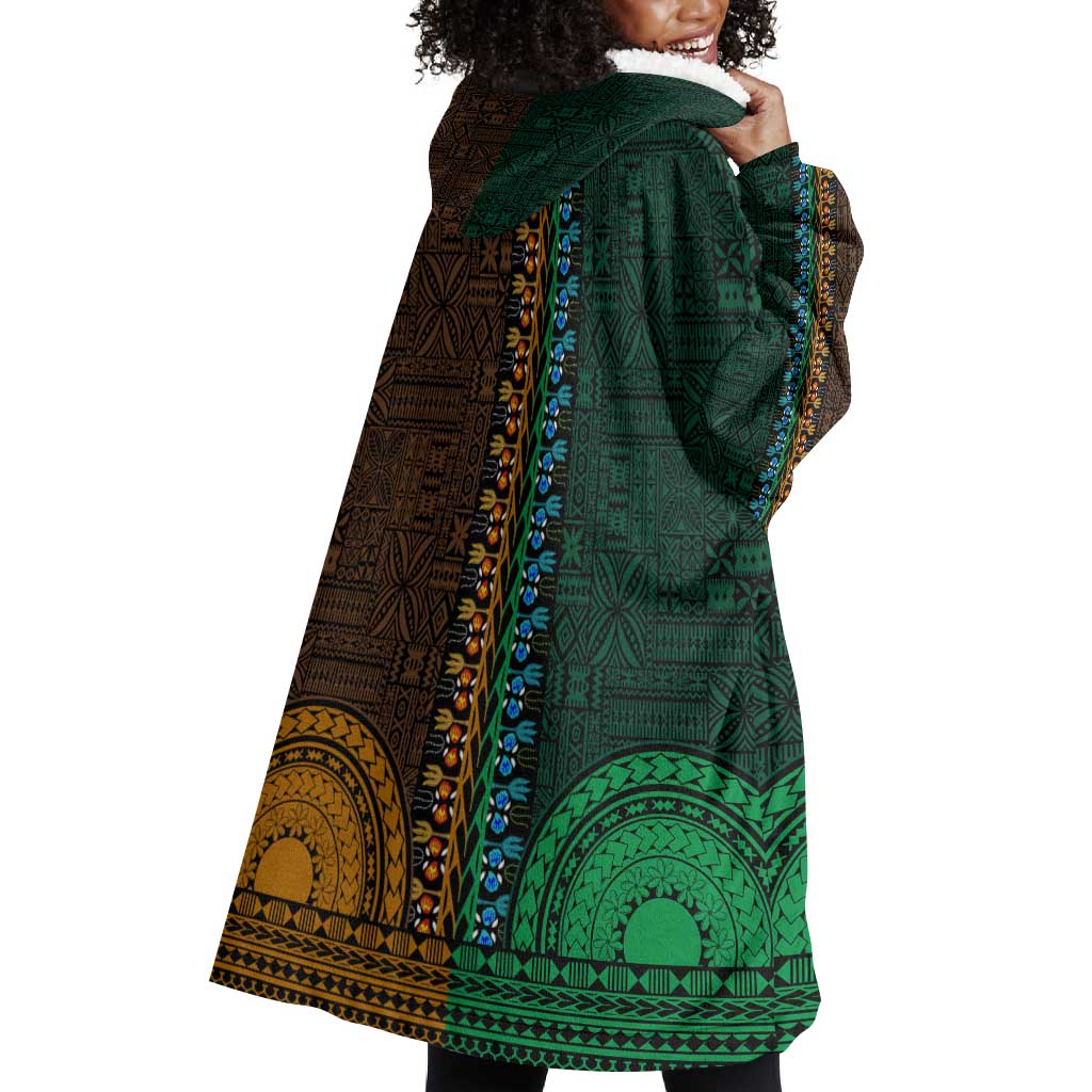 Green-gold Dashiki and Tapa Pattern Wearable Blanket Hoodie Africa-Polynesia Together Culture LT9