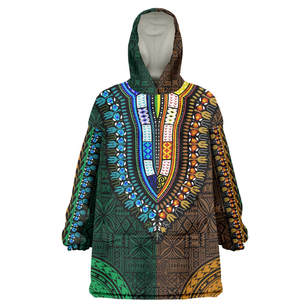 Green-gold Dashiki and Tapa Pattern Wearable Blanket Hoodie Africa-Polynesia Together Culture LT9