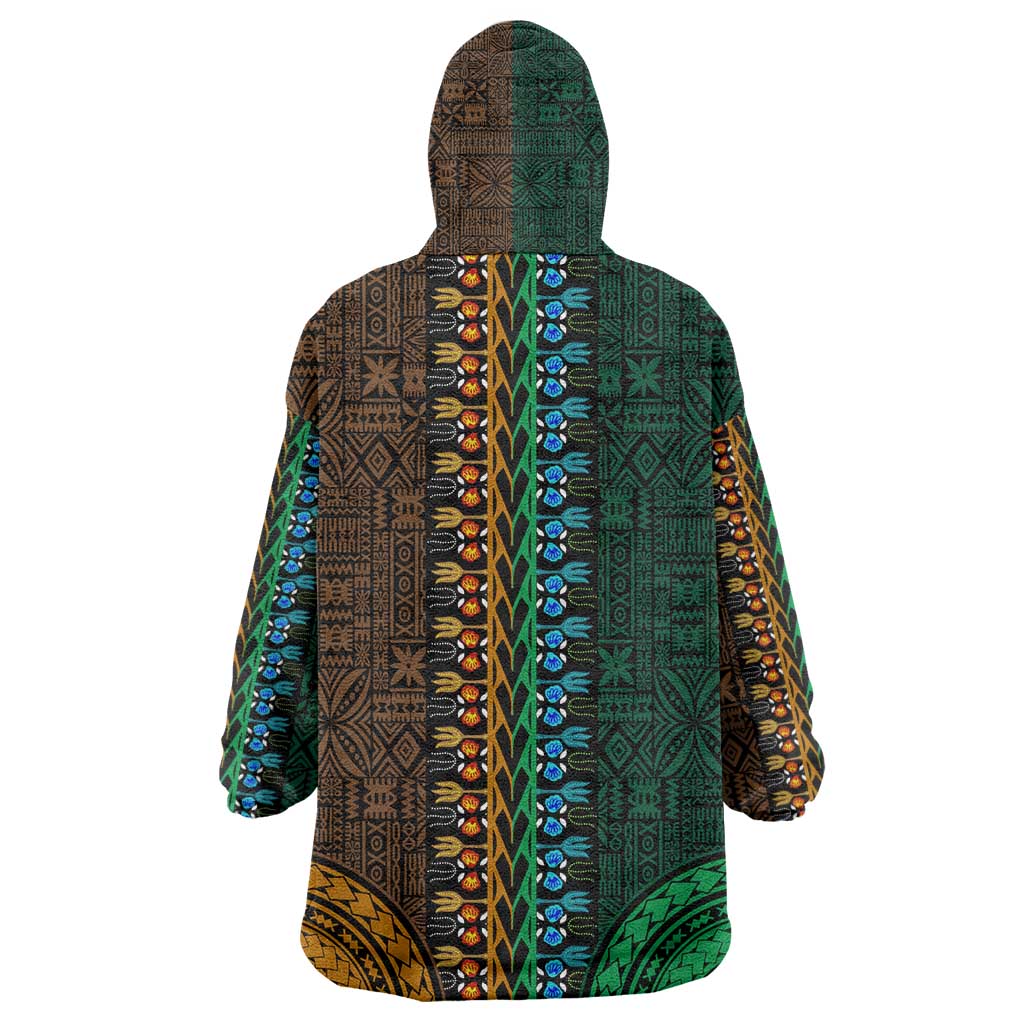 Green-gold Dashiki and Tapa Pattern Wearable Blanket Hoodie Africa-Polynesia Together Culture LT9