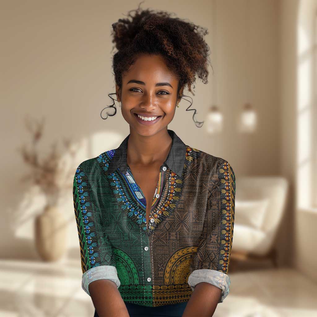 Green-gold Dashiki and Tapa Pattern Women Casual Shirt Africa-Polynesia Together Culture LT9