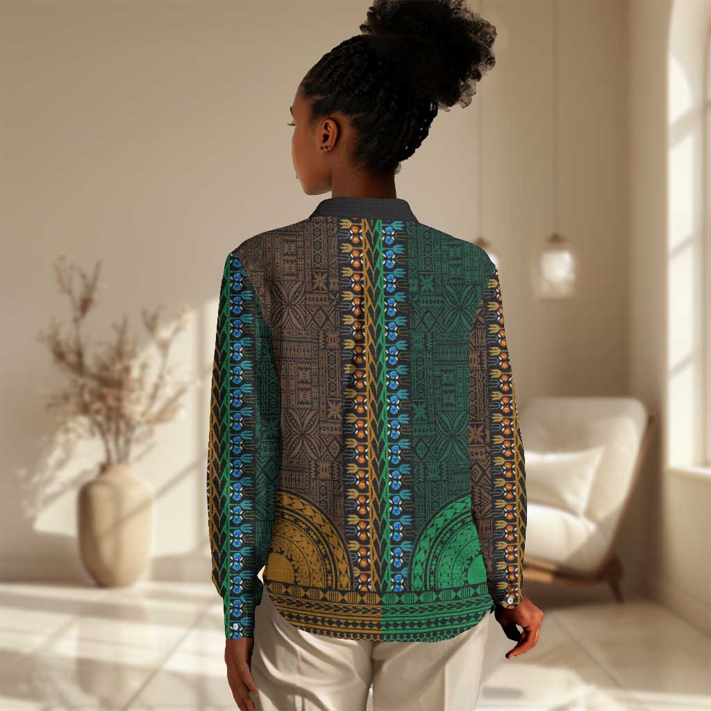 Green-gold Dashiki and Tapa Pattern Women Casual Shirt Africa-Polynesia Together Culture LT9