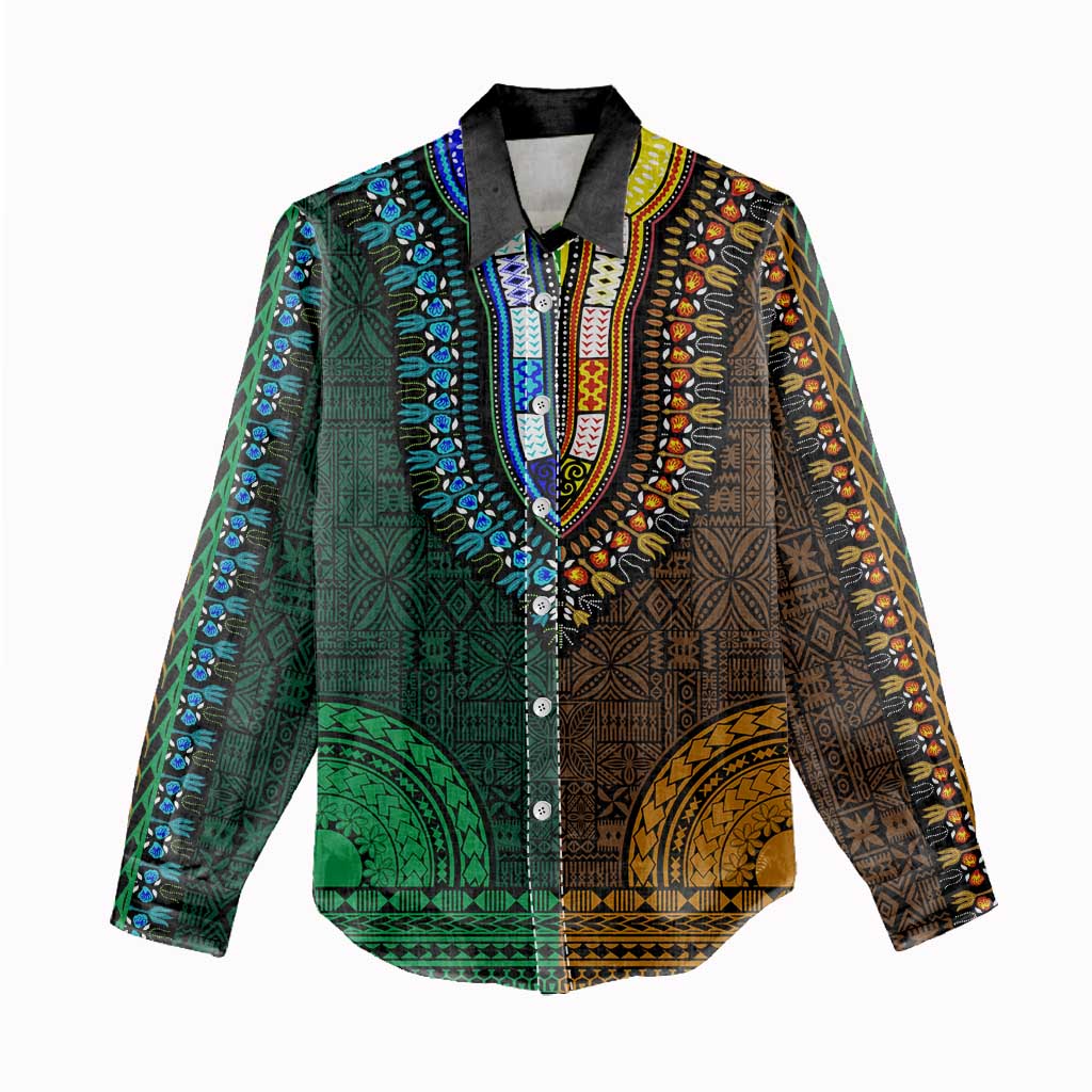Green-gold Dashiki and Tapa Pattern Women Casual Shirt Africa-Polynesia Together Culture LT9