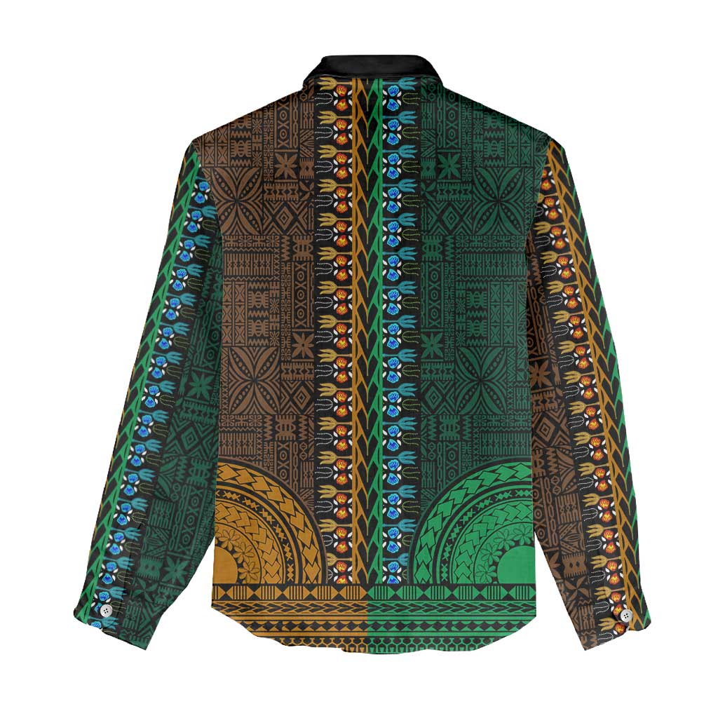 Green-gold Dashiki and Tapa Pattern Women Casual Shirt Africa-Polynesia Together Culture LT9