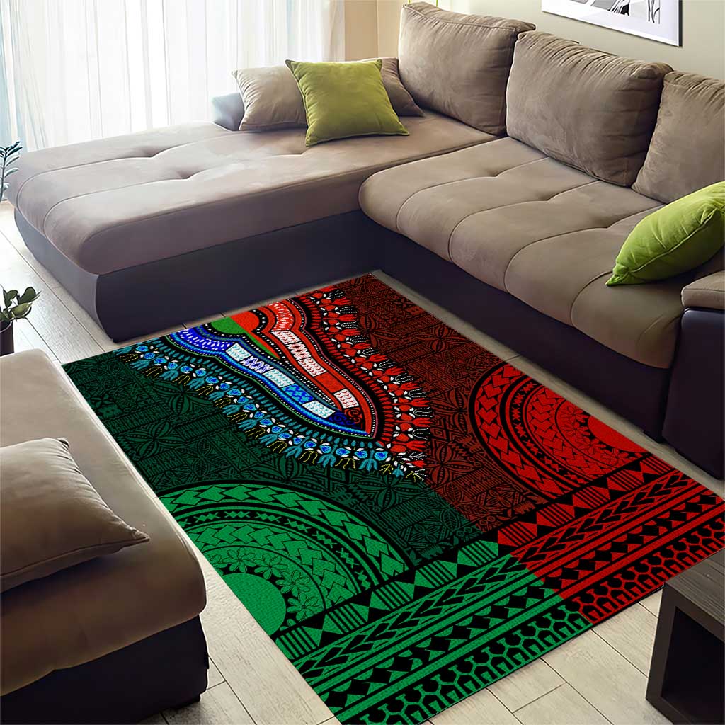 Green-red Dashiki and Tapa Pattern Area Rug Africa-Polynesia Together Culture LT9