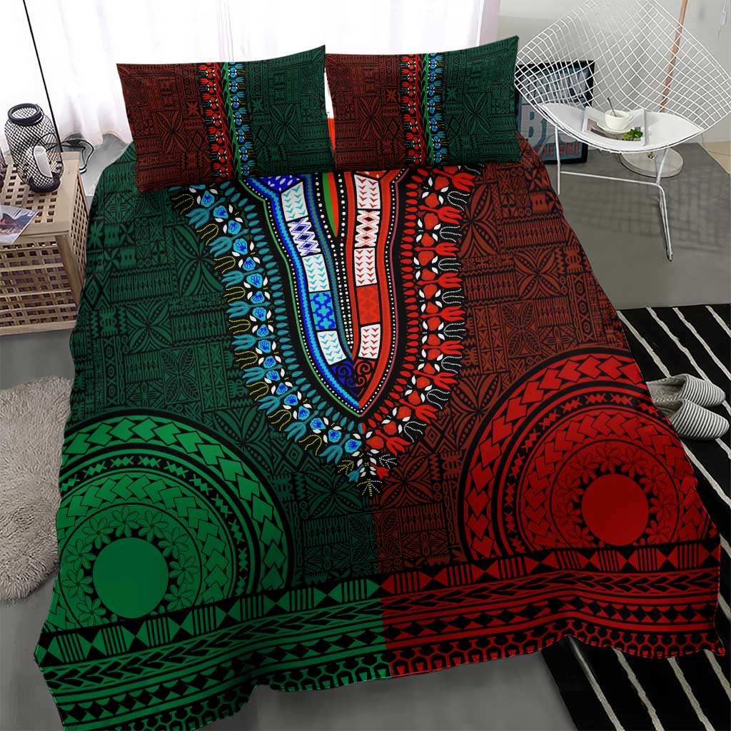Green-red Dashiki and Tapa Pattern Bedding Set Africa-Polynesia Together Culture LT9