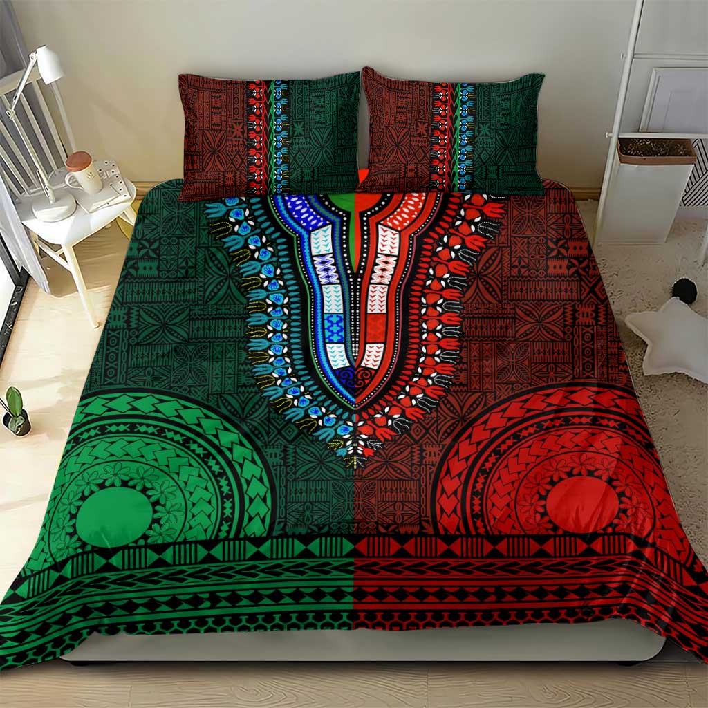Green-red Dashiki and Tapa Pattern Bedding Set Africa-Polynesia Together Culture LT9