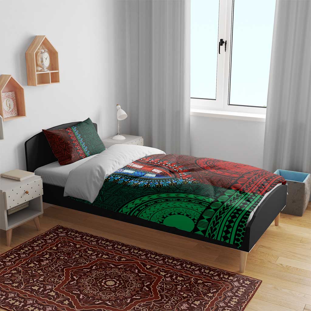 Green-red Dashiki and Tapa Pattern Bedding Set Africa-Polynesia Together Culture LT9