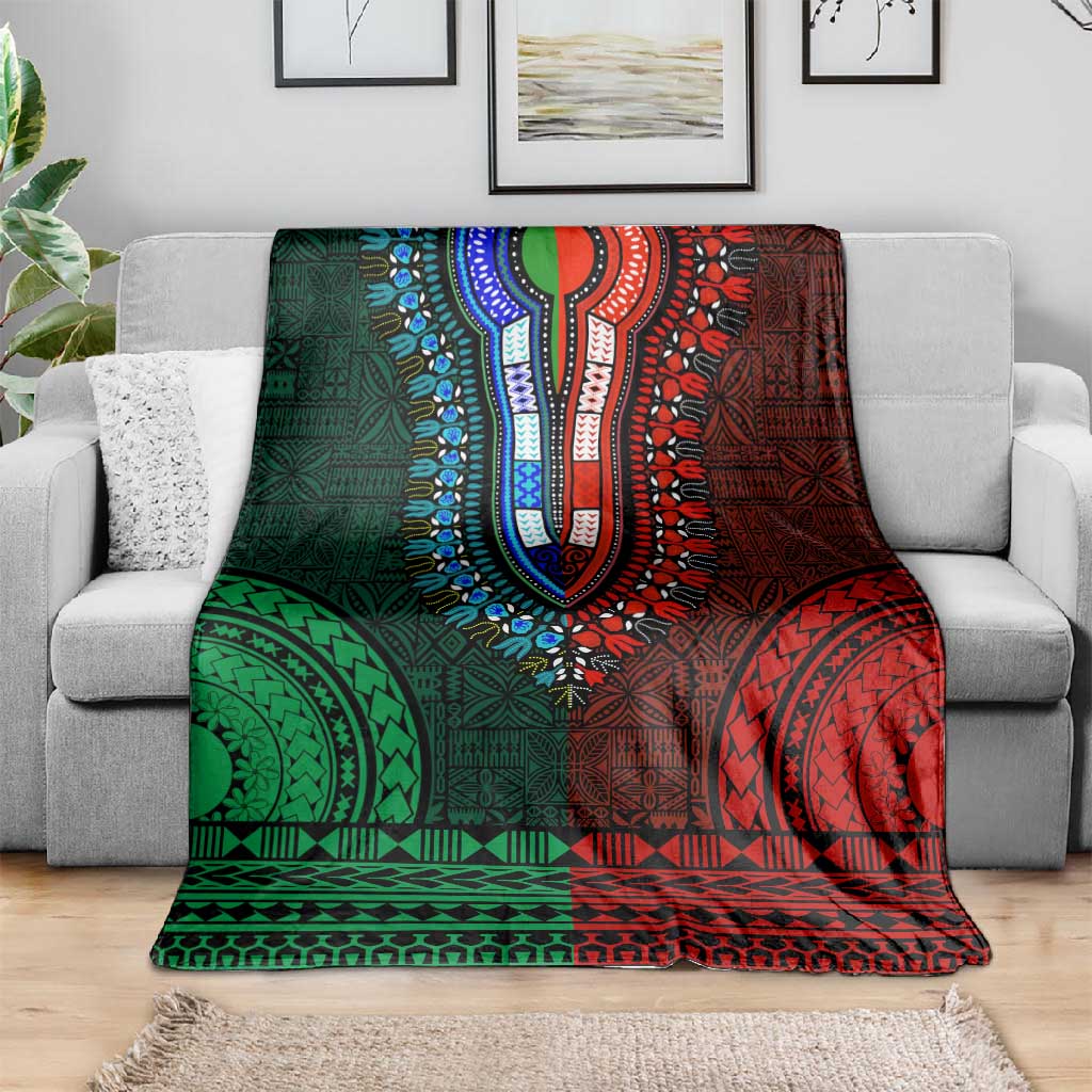 Green-red Dashiki and Tapa Pattern Blanket Africa-Polynesia Together Culture LT9