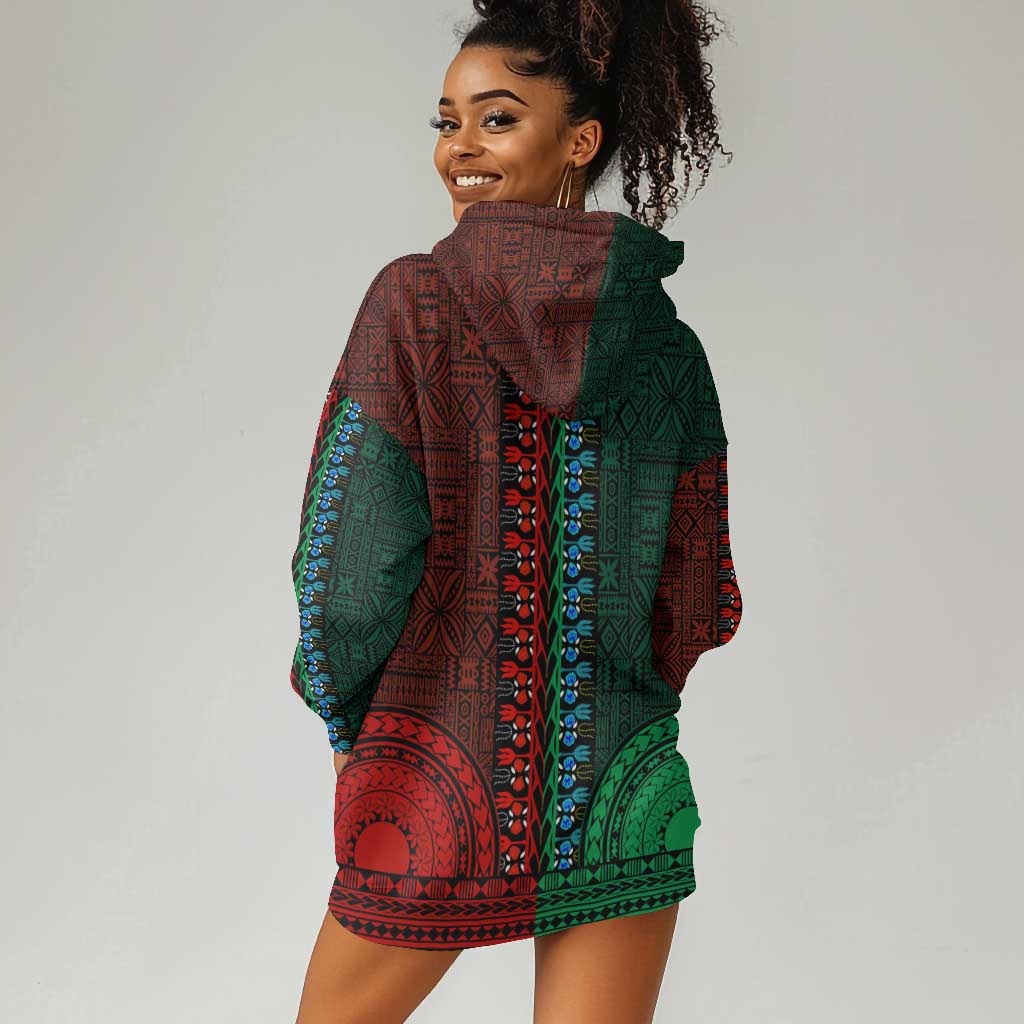 Green-red Dashiki and Tapa Pattern Hoodie Dress Africa-Polynesia Together Culture LT9
