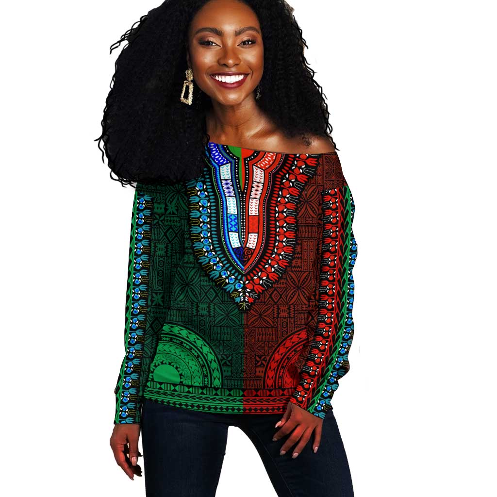 Green-red Dashiki and Tapa Pattern Off Shoulder Sweater Africa-Polynesia Together Culture LT9