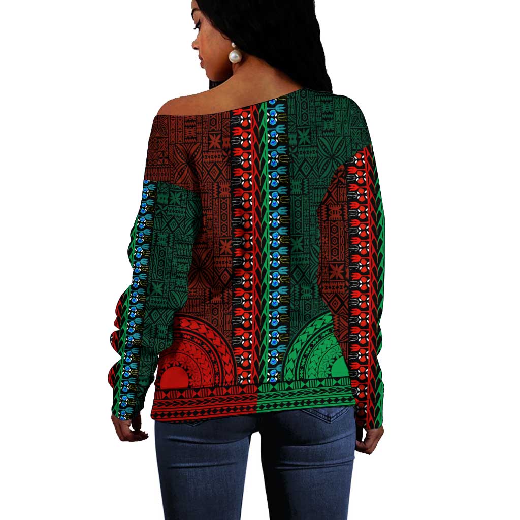 Green-red Dashiki and Tapa Pattern Off Shoulder Sweater Africa-Polynesia Together Culture LT9