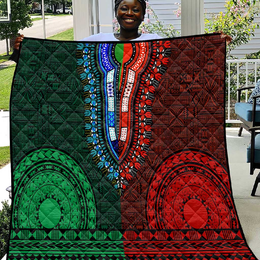 Green-red Dashiki and Tapa Pattern Quilt Africa-Polynesia Together Culture LT9