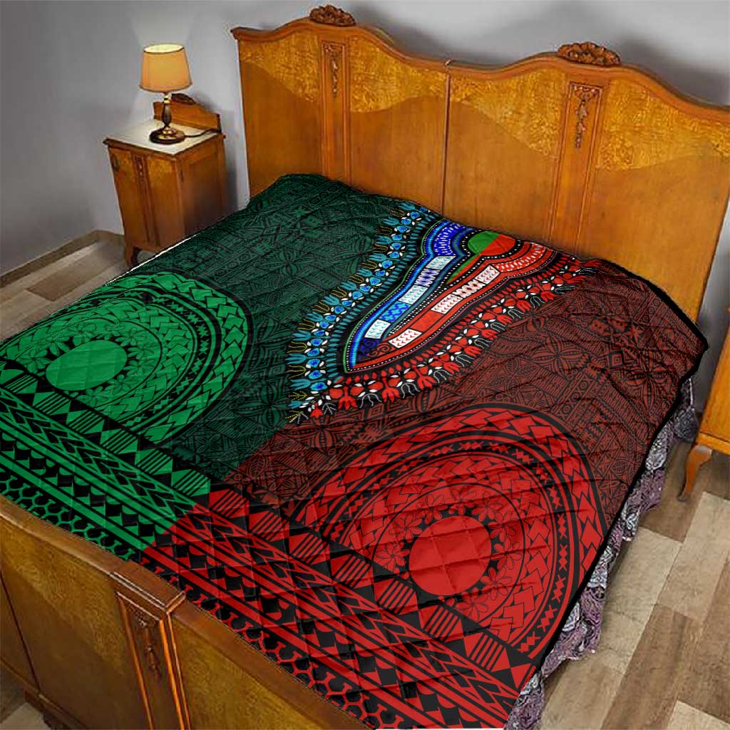 Green-red Dashiki and Tapa Pattern Quilt Africa-Polynesia Together Culture LT9