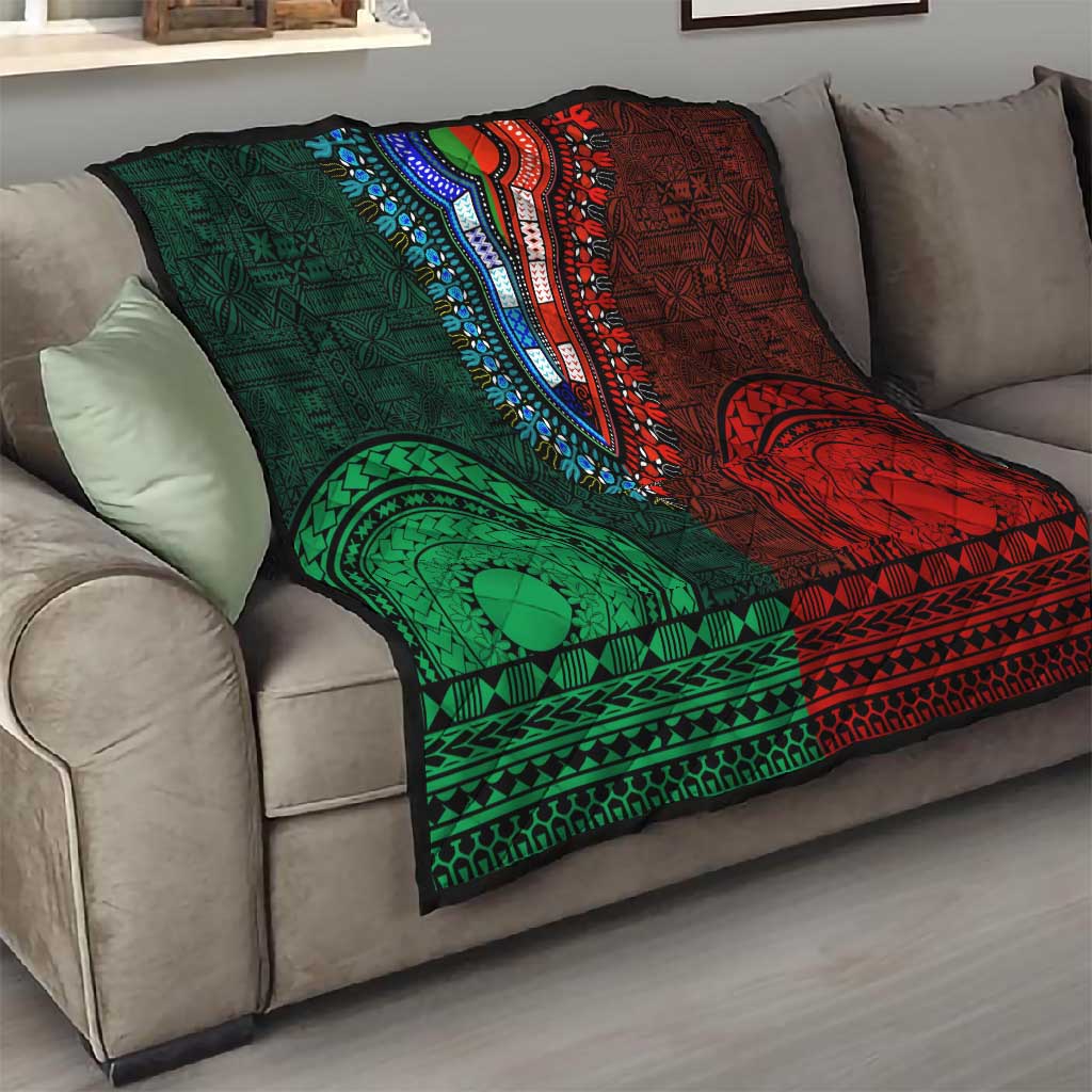 Green-red Dashiki and Tapa Pattern Quilt Africa-Polynesia Together Culture LT9