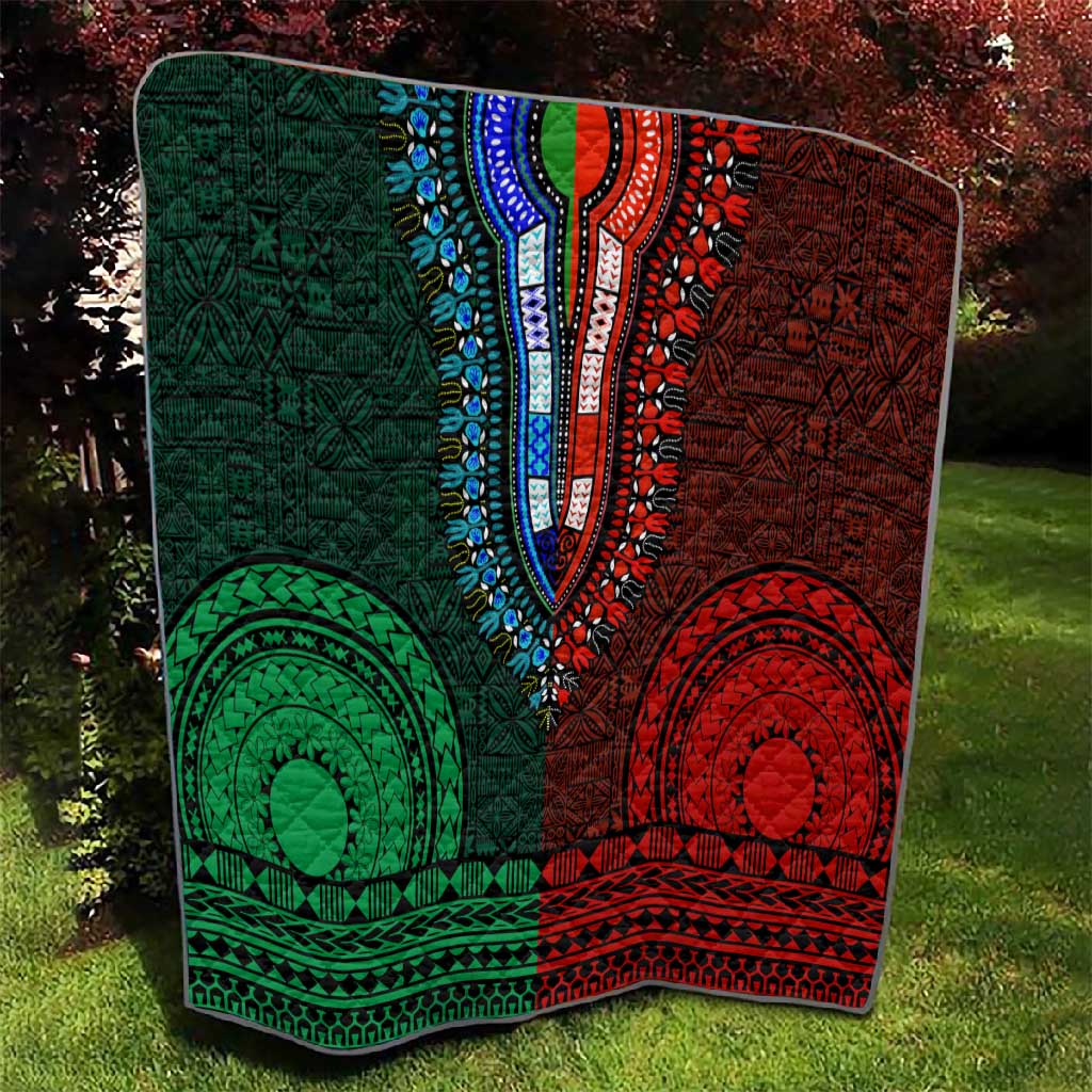 Green-red Dashiki and Tapa Pattern Quilt Africa-Polynesia Together Culture LT9