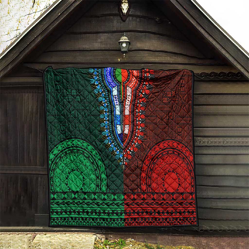 Green-red Dashiki and Tapa Pattern Quilt Africa-Polynesia Together Culture LT9