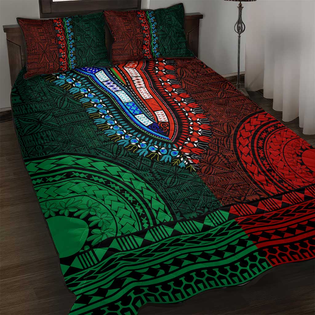 Green-red Dashiki and Tapa Pattern Quilt Bed Set Africa-Polynesia Together Culture LT9