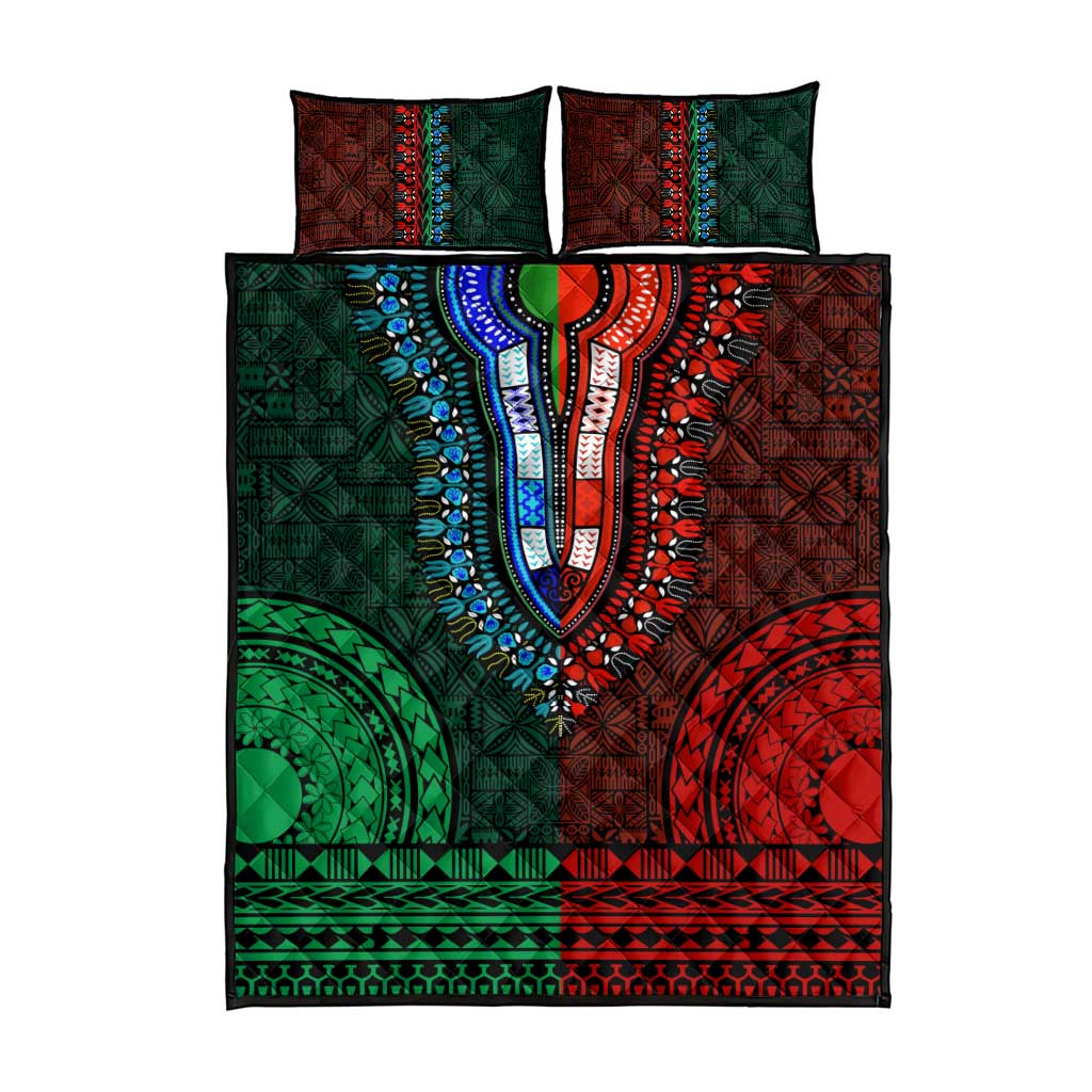 Green-red Dashiki and Tapa Pattern Quilt Bed Set Africa-Polynesia Together Culture LT9