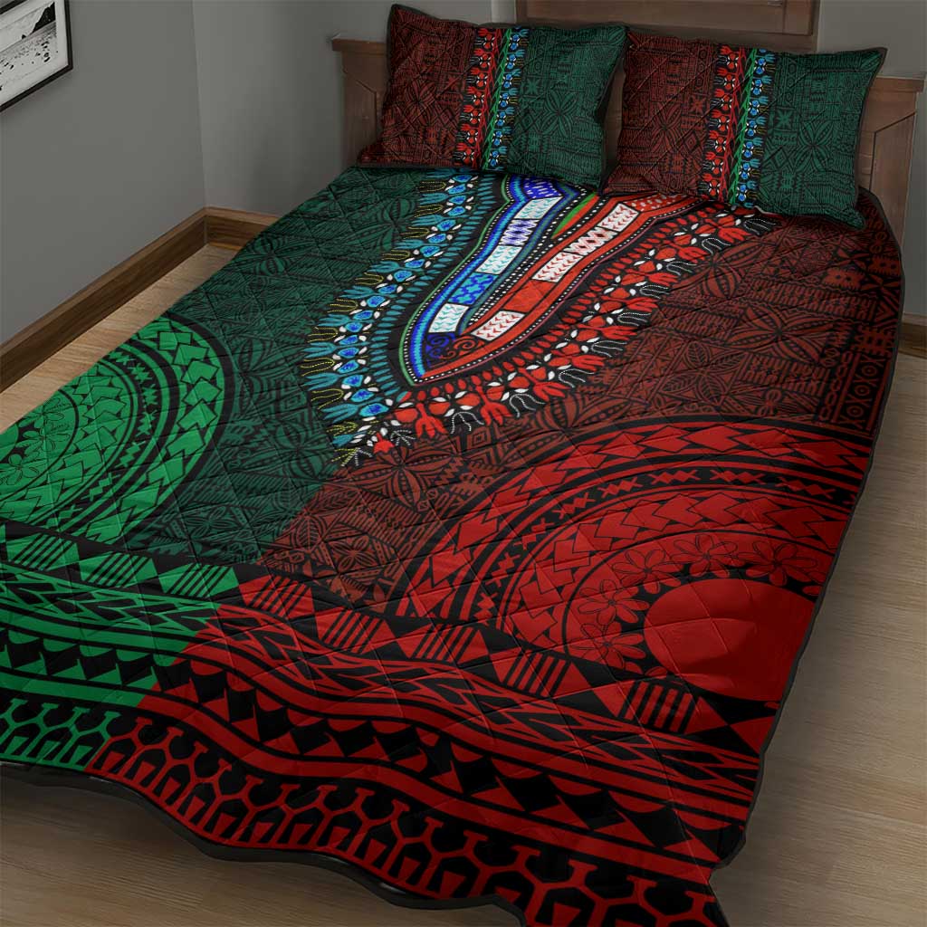 Green-red Dashiki and Tapa Pattern Quilt Bed Set Africa-Polynesia Together Culture LT9