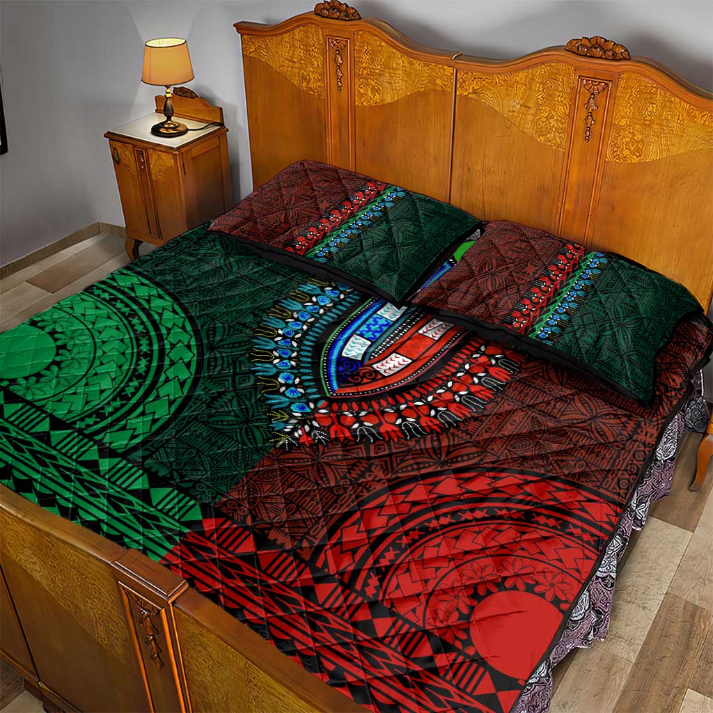 Green-red Dashiki and Tapa Pattern Quilt Bed Set Africa-Polynesia Together Culture LT9
