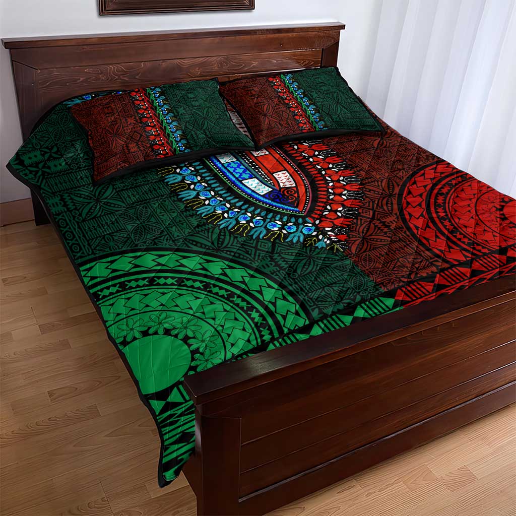 Green-red Dashiki and Tapa Pattern Quilt Bed Set Africa-Polynesia Together Culture LT9